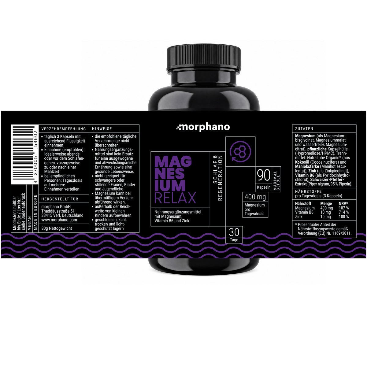 morphano Magnesium Relax – German product label with ingredients, directions and nutrition information