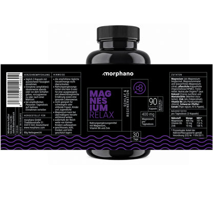morphano Magnesium Relax – German product label with ingredients, directions and nutrition information