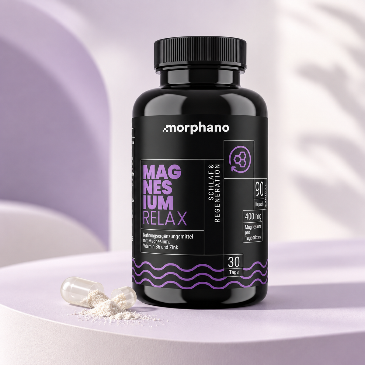 morphano Magnesium Relax bottle with an opened capsule on a lilac studio plinth